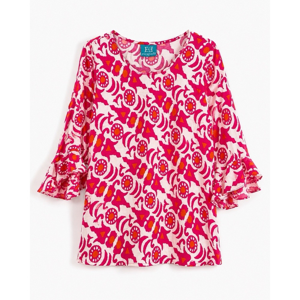 Escapada Women's Pink Orange Floral Print Ruffle Bell Sleeve Top Size L Resort